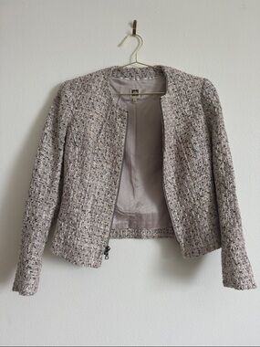 Anne Klein Light Beige Tweed Collarless Zip Jacket